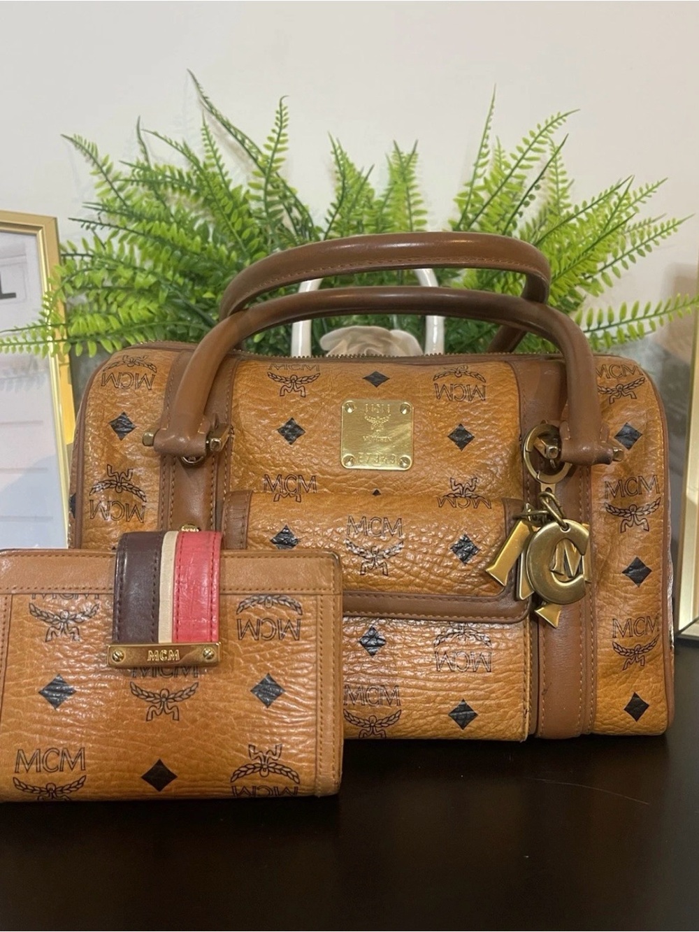 MCM Cognac Visetos Leather Satchel with Matching Wallet
